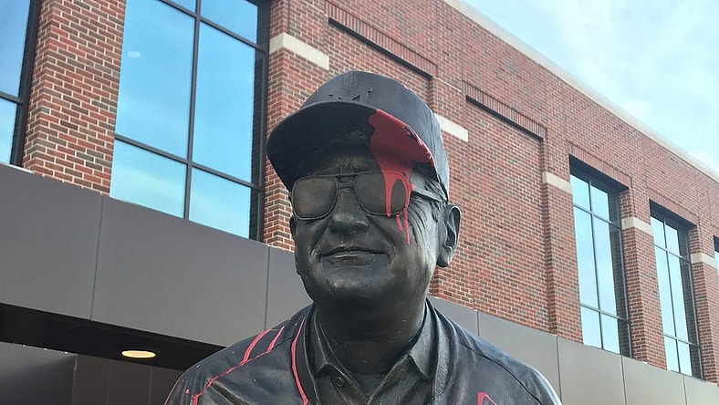 The Bo Schembechler statue was sprayed with red paint in front of the football building on the University of Michigan campus in Ann Arbor Wednesday, Nov. 24, 2021.

Img 1845