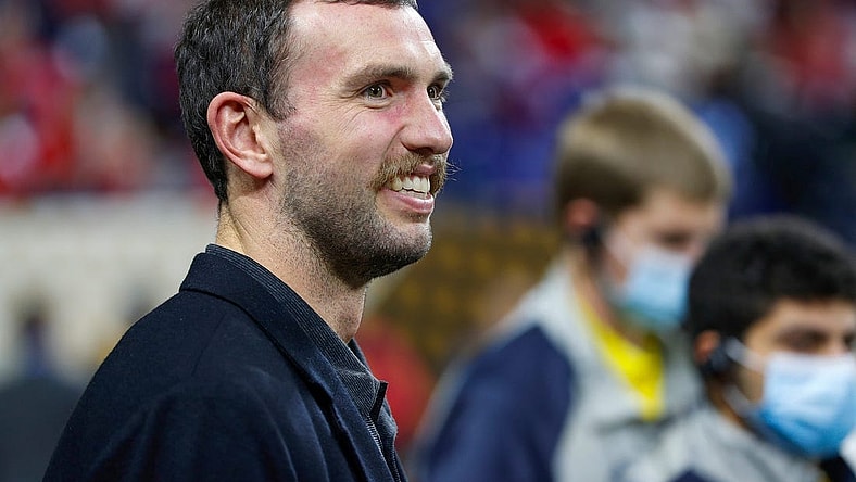 Andrew Luck makes an appearance on the field before the start of the College Football Playoff National Championship on Monday, Jan. 10, 2022, at Lucas Oil Stadium in Indianapolis.

Alabama Crimson Tide Versus Georgia Bulldogs On Monday Jan 10 2022 College Football Playoff National Championship At Lucas Oil Stadium In Indianapolis