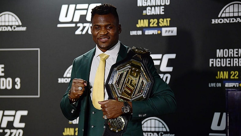 Jan 22, 2022; Anaheim, California, USA; Francis Ngannou poses for photos following his championship victory at UFC 270 at Honda Center. Mandatory Credit: Gary A. Vasquez-USA TODAY Sports