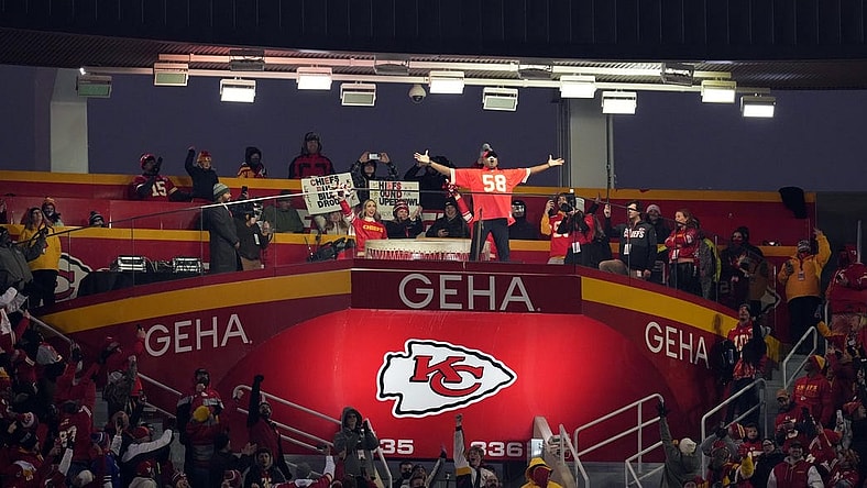 Jan 23, 2022; Kansas City, Missouri, USA; Former Kansas City Chiefs defensive end Neil Smith cheers on the fans at the drum before the start the AFC Divisional playoff football game against the Buffalo Bills at GEHA Field at Arrowhead Stadium. Mandatory Credit: Jay Biggerstaff-USA TODAY Sports