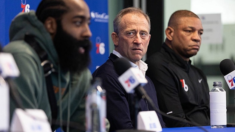 Feb 15, 2022; Camden, NJ, USA; Philadelphia 76ers owner Josh Harris looks on as James Harden speaks with the media during a press conference at Philadelphia 76ers Training Complex. Mandatory Credit: Bill Streicher-USA TODAY Sports