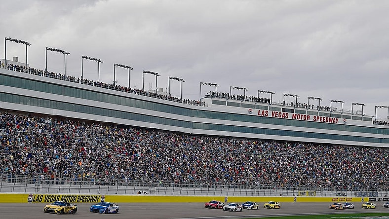 Mar 6, 2022; Las Vegas, Nevada, USA; General view as NASCAR Cup Series driver Christopher Bell (20) leads driver Kyle Larson (5) and a group during the Pennzoil 400 at Las Vegas Motor Speedway. Mandatory Credit: Gary A. Vasquez-USA TODAY Sports