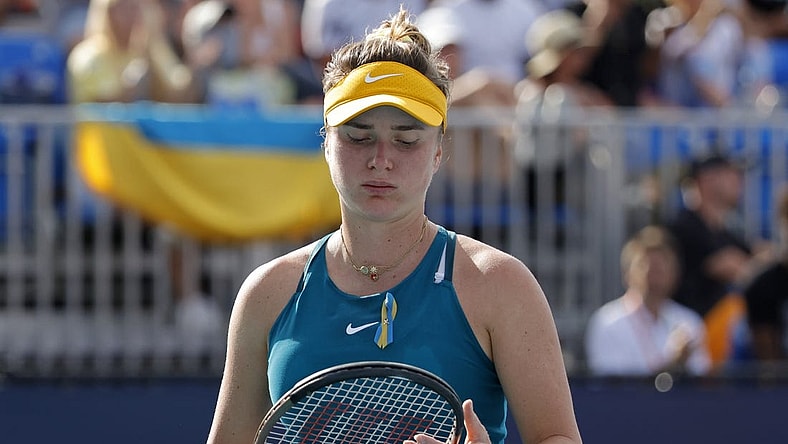 Mar 24, 2022; Miami Gardens, FL, USA; Elina Svitolina (UKR) reacts between games against Heather Watson (GBR) (not pictured) in a second round women's singles match in the Miami Open at Hard Rock Stadium. Mandatory Credit: Geoff Burke-USA TODAY Sports