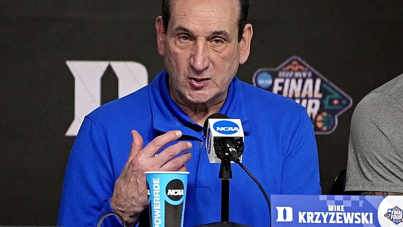 Apr 2, 2022; New Orleans, LA, USA; Duke Blue Devils head coach Mike Krzyzewski speaks in a press conference after the game against the North Carolina Tar Heels in the 2022 NCAA men's basketball tournament Final Four semifinals at Caesars Superdome. Mandatory Credit: Robert Deutsch-USA TODAY Sports