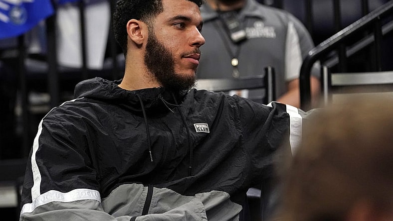 Apr 10, 2022; Minneapolis, Minnesota, USA;  Chicago Bulls guard Lonzo Ball (2) looks on against the Minnesota Timberwolves during the fourth quarter at Target Center. Mandatory Credit: Nick Wosika-USA TODAY Sports