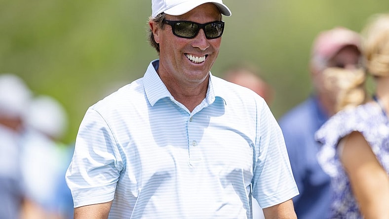 May 29, 2022; Benton Harbor, Michigan, USA; Stephen Ames smiles as he walks to the second tee box during the final round of the 2022 KitchenAid Senior PGA Championship at Harbor Shores. Mandatory Credit: Raj Mehta-USA TODAY Sports