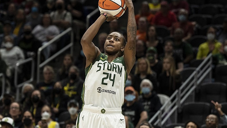 May 29, 2022; Seattle, Washington, USA; Seattle Storm guard Jewell Loyd (24) shoots the ball against the New York Liberty during the first half at Climate Pledge Arena. Mandatory Credit: Stephen Brashear-USA TODAY Sports