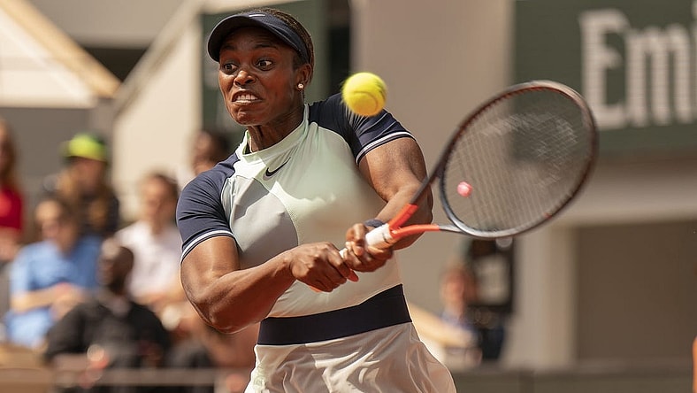 May 31, 2022; Paris, France; Sloane Stephens (USA) returns a shot during her match against Coco Gauff (USA) on day 10 of the French Open at Stade Roland-Garros. Mandatory Credit: Susan Mullane-USA TODAY Sports
