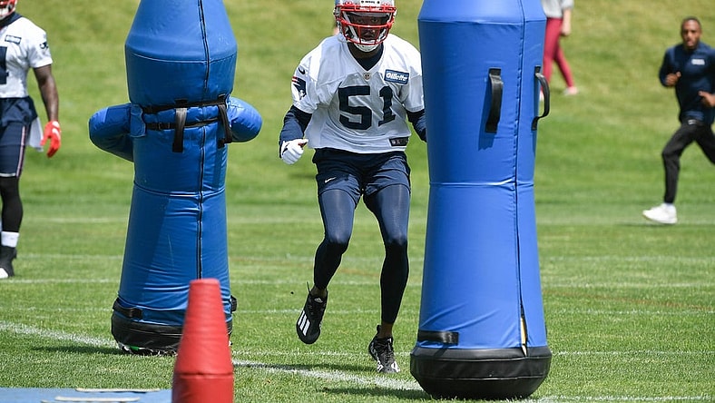 May 23, 2022; Foxborough, MA, USA; New England Patriots wide receiver Tyquan Thornton (51) does a drill at the team's OTA at Gillette Stadium. Mandatory Credit: Eric Canha-USA TODAY Sports