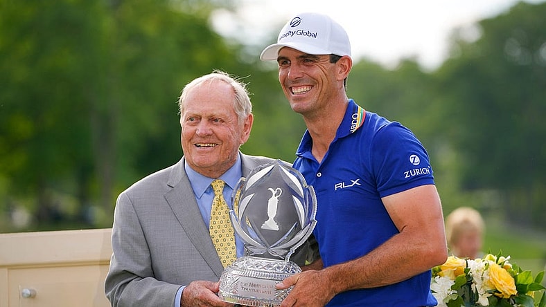 Jun 5, 2022; Dublin, Ohio, USA; Billy Horschel is awarded the trophy by Jack Nicklaus following his win in the final round of the Memorial Tournament at Muirfield Village Golf Club on June 5, 2022. Horschel won with a -13 for the tournament. Mandatory Credit: Adam Cairns-The Columbus Dispatch

Pga Memorial Tournament Final Round