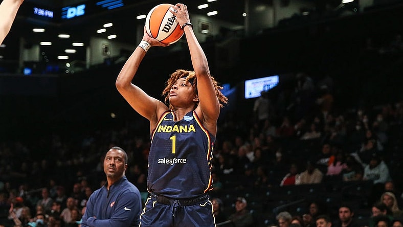 Jun 1, 2022; Brooklyn, New York, USA;  Indiana Fever forward NaLyssa Smith (1) at Barclays Center. Mandatory Credit: Wendell Cruz-USA TODAY Sports