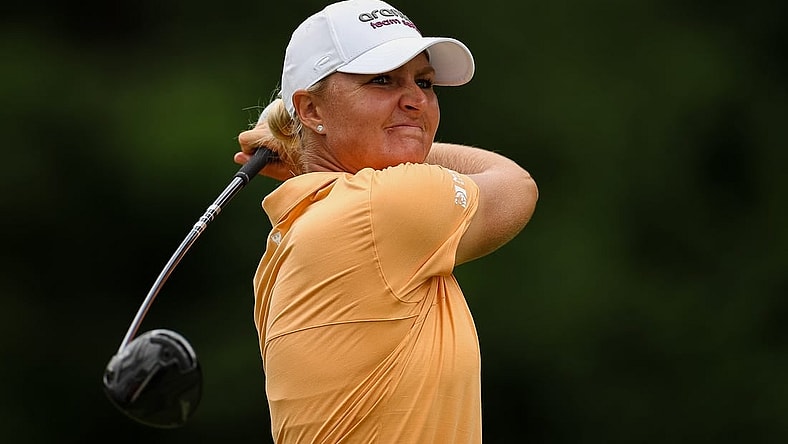 Jun 24, 2022; Bethesda, Maryland, USA; Anna Nordqvist plays her shot from the 14th tee during the second round of the KPMG Women's PGA Championship golf tournament at Congressional Country Club. Mandatory Credit: Scott Taetsch-USA TODAY Sports