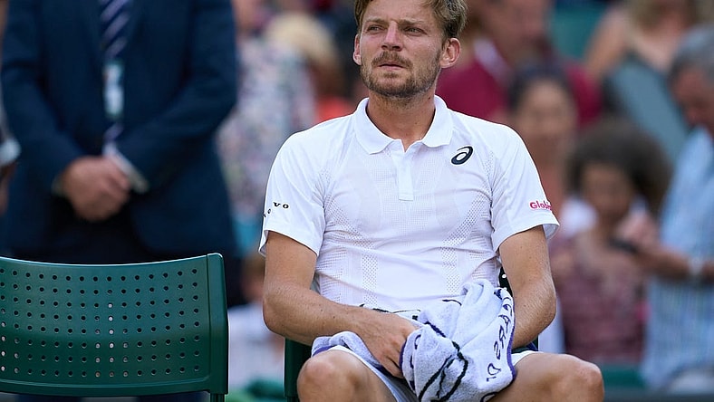 Jul 5, 2022; London, England, United Kingdom; David Goffin (BEL) looks on at change of ends during a quarterfinals mens singles match against Cameron Norrie (GBR) on Number one court at the 2022 Wimbledon Championships at All England Lawn Tennis and Croquet Club. Mandatory Credit: Peter van den Berg-USA TODAY Sports