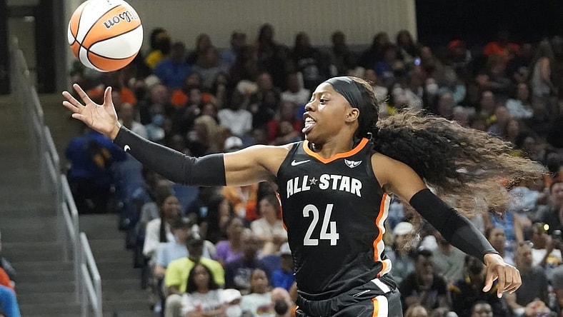 Jul 10, 2022; Chicago, Ill, USA; Team Stewart guard Arike Ogunbowale chases the ball during the first half in a WNBA All Star Game at Wintrust Arena. Mandatory Credit: David Banks-USA TODAY Sports