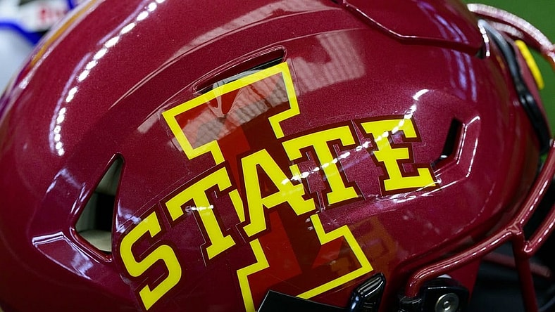 Jul 14, 2022; Arlington, TX, USA; A view of the Iowa State Cyclones helmet logo during the Big 12 Media Day at AT&T Stadium. Mandatory Credit: Jerome Miron-USA TODAY Sports