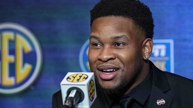 Jul 19, 2022; Atlanta, GA, USA; Mississippi State player Nathaniel Watson speaks with the media during SEC Media Days at the College Football Hall of Fame. Mandatory Credit: Dale Zanine-USA TODAY Sports