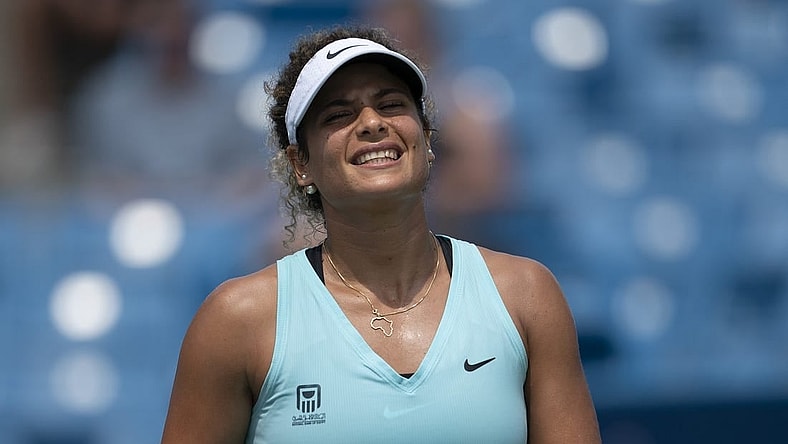 Aug 15, 2022; Cincinnati, OH, USA;  Mayar Sherif (EGY) reacts to a point during her match against Elena Rybakina (KAZ) at the Western & Southern at the Lindner Family Tennis Center. Mandatory Credit: Susan Mullane-USA TODAY Sports