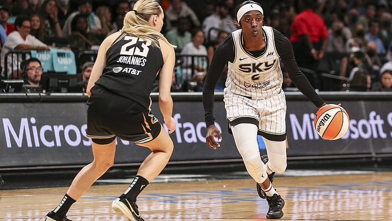 Aug 23, 2022; Brooklyn, New York, USA; Chicago Sky guard Kahleah Copper (2) looks to drive past New York Liberty guard Marine Johannes (23) in the third quarter at Barclays Center. Mandatory Credit: Wendell Cruz-USA TODAY Sports