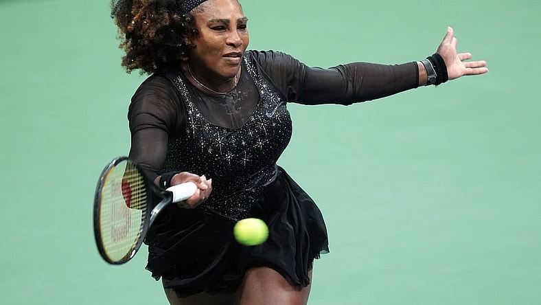 Sep 2, 2022; Flushing, NY, USA; Serena Williams of the United States hits to Ajla Tomljanovic of Australia on day five of the 2022 U.S. Open tennis tournament at USTA Billie Jean King Tennis Center. Mandatory Credit: Danielle Parhizkaran-USA TODAY Sports