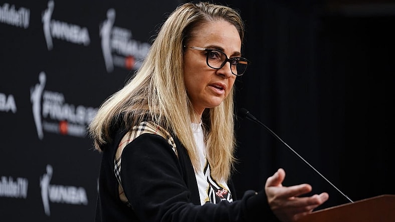 Sep 11, 2022; Las Vegas, Nevada, USA; Las Vegas Aces head coach Becky Hammon answers questions to the media prior to game one of the 2022 WNBA Finals at Michelob Ultra Arena. Mandatory Credit: Lucas Peltier-USA TODAY Sports