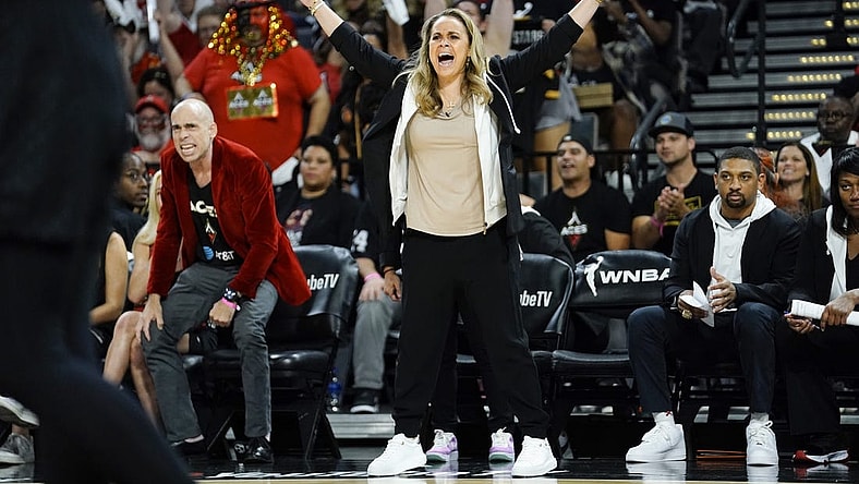 Sep 11, 2022; Las Vegas, Nevada, USA; Las Vegas Aces head coach Becky Hammon yells from the sideline during the fourth quarter against the Connecticut Sun in game one of the 2022 WNBA Finals at Michelob Ultra Arena. Mandatory Credit: Lucas Peltier-USA TODAY Sports