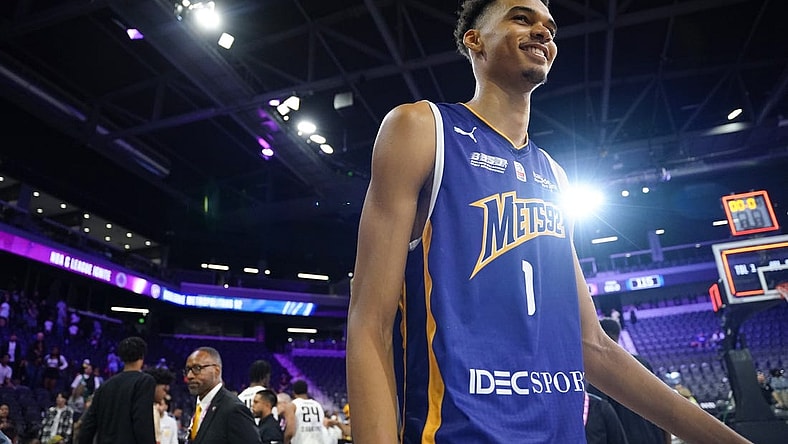 Oct 4, 2022; Henderson, NV, USA; Boulogne-Levallois Metropolitans 92 forward Victor Wembanyama (1) smiles after the game against the NBA G League Ignite at The Dollar Loan Center. Mandatory Credit: Lucas Peltier-USA TODAY Sports