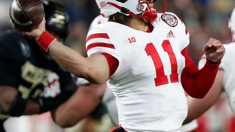 Nebraska Cornhuskers quarterback Casey Thompson (11) throws the ball during the NCAA football game against the Purdue Boilermakers, Saturday, Oct. 15, 2022, at Ross-Ade Stadium in West Lafayette, Ind. Purdue won 43-37.

Purduenebraskafb101522 Am18494