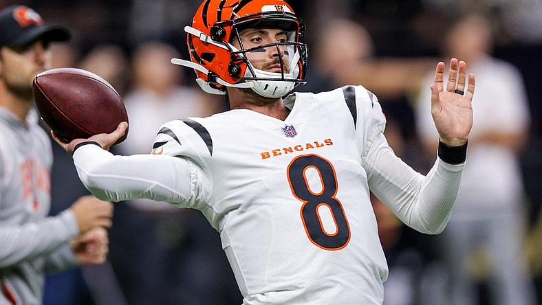 Oct 16, 2022; New Orleans, Louisiana, USA; Cincinnati Bengals quarterback Brandon Allen (8) during warm ups before the game against the New Orleans Saints at Caesars Superdome. Mandatory Credit: Stephen Lew-USA TODAY Sports