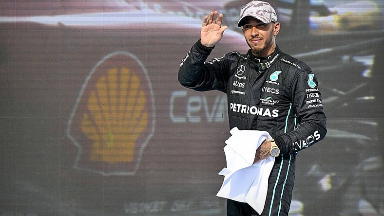 Oct 23, 2022; Austin, Texas, USA; Mercedes AMG Petronas Motorsport driver Lewis Hamilton (44) of Team Great Britain waves to the fans after the U.S. Grand Prix F1 race at Circuit of the Americas. Mandatory Credit: Jerome Miron-USA TODAY Sports