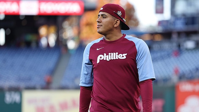 Nov 3, 2022; Philadelphia, Pennsylvania, USA; Philadelphia Phillies starting pitcher Ranger Suarez (55) looks on before game five of the 2022 World Series against the Houston Astros at Citizens Bank Park. Mandatory Credit: Bill Streicher-USA TODAY Sports