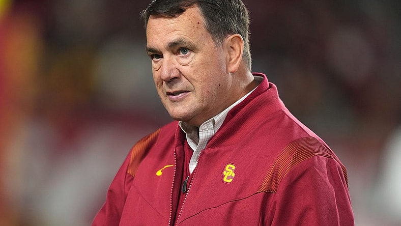 Nov 5, 2022; Los Angeles, California, USA; Southern California Trojans athletic director Mike Bohn reacts in the first half against the California Golden Bears at United Airlines Field at Los Angeles Memorial Coliseum. Mandatory Credit: Kirby Lee-USA TODAY Sports