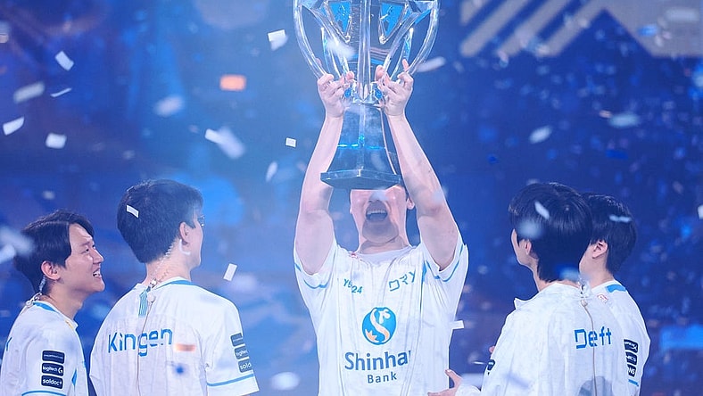 Nov 5, 2022; San Francisco, California, USA; DRX mid laner Kim "Zeka" Geon-woo holds up the Summoner's Cup Worlds 2022 trophy after winning the League of Legends World Championships against T1 at Chase Center. Mandatory Credit: Kelley L Cox-USA TODAY Sports