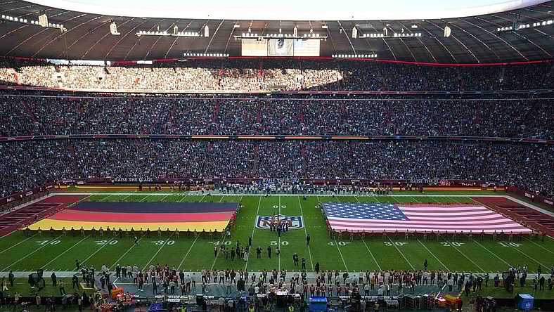 Nov 13, 2022; Munich, Germany; A general overall view of German and United States flags on the field during the playing of the national anthem before an NFL International Series game between the Tampa Bay Buccaneers and the Seattle Seahawks at Allianz Arena. Mandatory Credit: Kirby Lee-USA TODAY Sports