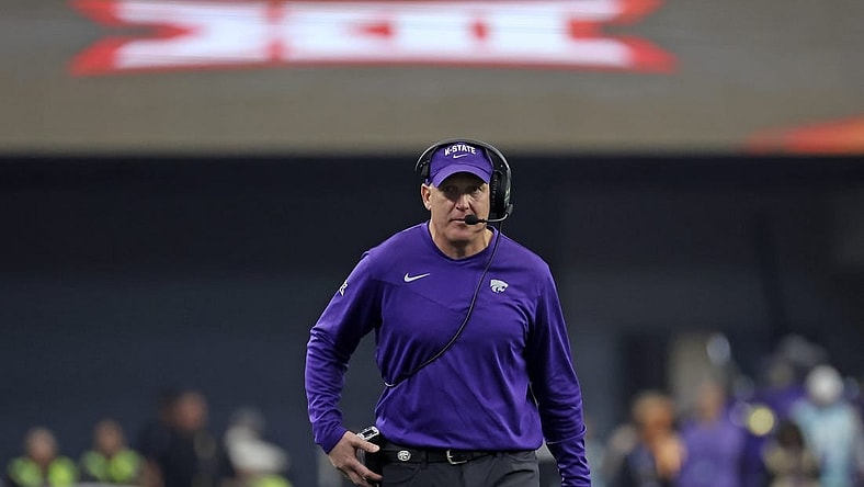 Dec 3, 2022; Arlington, TX, USA;  Kansas State Wildcats head coach Chris Klieman looks on during the second half against the TCU Horned Frogs at AT&T Stadium. Mandatory Credit: Kevin Jairaj-USA TODAY Sports