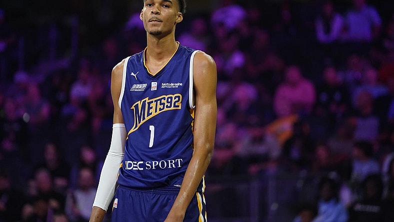 Oct 4, 2022; Henderson, NV, USA; Boulogne-Levallois Metropolitans 92 forward Victor Wembanyama (1) looks on during the game against the NBA G League Ignite at The Dollar Loan Center. Mandatory Credit: Lucas Peltier-USA TODAY Sports