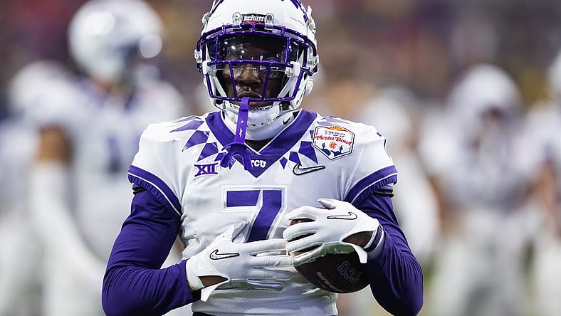 Dec 31, 2022; Glendale, Arizona, USA; TCU Horned Frogs wide receiver Jordan Hudson (7) against the Michigan Wolverines during the 2022 Fiesta Bowl at State Farm Stadium. Mandatory Credit: Mark J. Rebilas-USA TODAY Sports