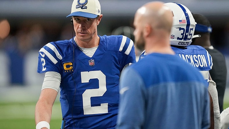 Indianapolis Colts quarterback Matt Ryan (2) walks on the sideline Sunday, Jan. 8, 2023, during a game against the Houston Texans at Lucas Oil Stadium in Indianapolis.