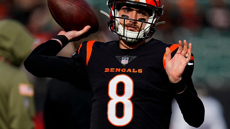 Cincinnati Bengals quarterback Brandon Allen (8) warms up before the first quarter of the NFL Week 18 game between the Cincinnati Bengals and the Baltimore Ravens at Paycor Stadium in downtown Cincinnati on Sunday, Jan. 8, 2023.

Baltimore Ravens At Cincinnati Bengals Nfl Week 18
