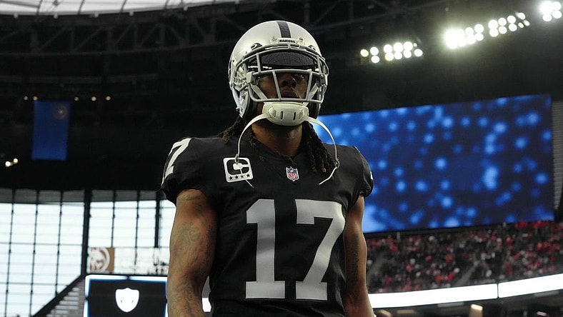 Jan 7, 2023; Paradise, Nevada, USA; Las Vegas Raiders receiver Davante Adams (17) reacts during the game against the Kansas City Chiefs at Allegiant Stadium. Mandatory Credit: Kirby Lee-USA TODAY Sports