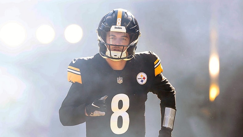 Jan 8, 2023; Pittsburgh, Pennsylvania, USA;  Pittsburgh Steelers quarterback Kenny Pickett (8) takes the field against the Cleveland Browns during the first quarter at Acrisure Stadium. Mandatory Credit: Charles LeClaire-USA TODAY Sports