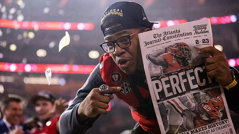 Jan 9, 2023; Inglewood, CA, USA; Georgia Bulldogs linebacker Nolan Smith (4) celebrates after defeating the TCU Horned Frogs during the CFP national championship game at SoFi Stadium. Mandatory Credit: Mark J. Rebilas-USA TODAY Sports