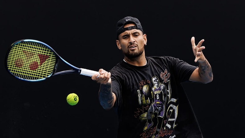 Jan 15, 2023; Melbourne, Victoria, Australia; Nick Kyrgios of Australia hits a shot during a practice session on court 16 at Melbourne Park. Mandatory Credit: Mike Frey-USA TODAY Sports