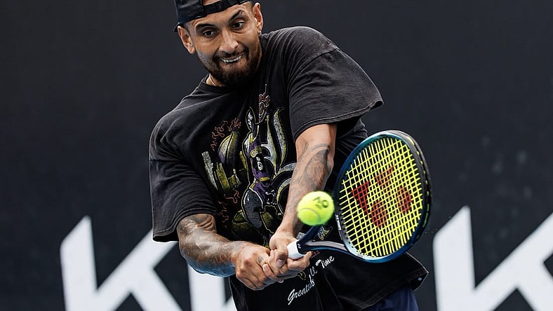Jan 15, 2023; Melbourne, Victoria, Australia; Nick Kyrgios of Australia hits a shot during a practice session on court 16 at Melbourne Park. Mandatory Credit: Mike Frey-USA TODAY Sports