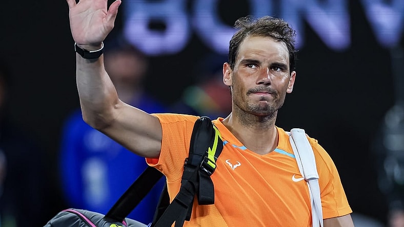 Jan 18, 2023; Melbourne, VICTORIA, Australia; Rafael Nadal after his second round match against Mackenzie Mcdonald on day three of the 2023 Australian Open tennis tournament at Melbourne Park. Mandatory Credit: Mike Frey-USA TODAY Sports