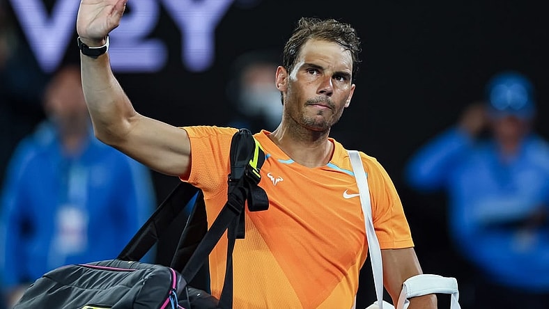 Jan 18, 2023; Melbourne, VICTORIA, Australia; Rafael Nadal after his second round match against Mackenzie Mcdonald on day three of the 2023 Australian Open tennis tournament at Melbourne Park. Mandatory Credit: Mike Frey-USA TODAY Sports