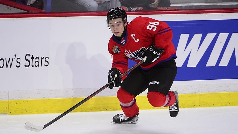 Jan 25, 2023; Langley, BC, CANADA; CHL Top Prospects team red forward Connor Bedard (98) skates during the second period in the 2023 CHL Top Prospects ice hockey game at Langley Events Centre. Mandatory Credit: Anne-Marie Sorvin-USA TODAY Sports