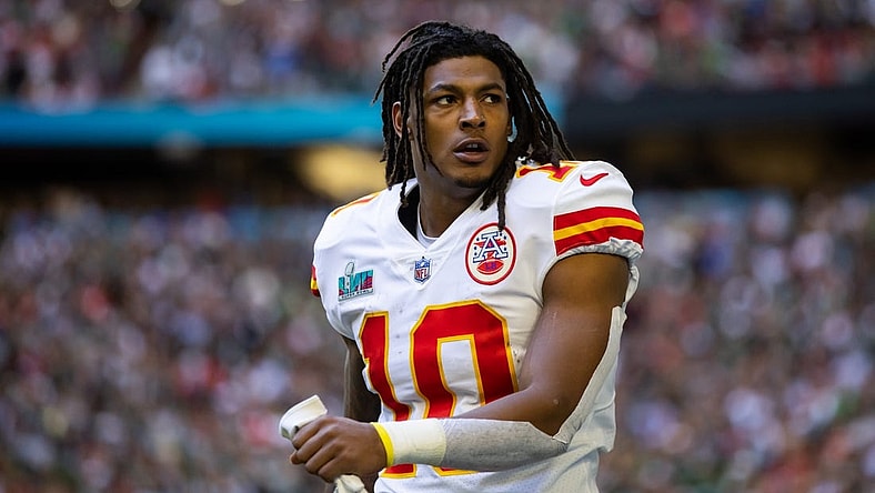 Feb 12, 2023; Glendale, Arizona, US; Kansas City Chiefs running back Isiah Pacheco (10) against the Philadelphia Eagles during Super Bowl LVII at State Farm Stadium. Mandatory Credit: Mark J. Rebilas-USA TODAY Sports