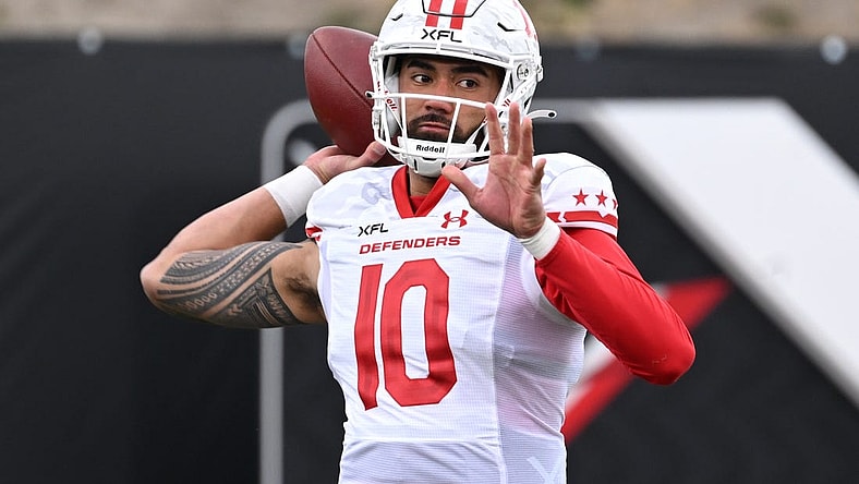 Feb 25, 2023; Las Vegas, NV, USA; D.C. Defenders quarterback Jordan Ta'amu (10) warms up before the game against the Vegas Vipers at Cashman Field. Mandatory Credit: Candice Ward-USA TODAY Sports