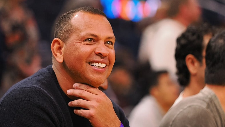 Feb 26, 2023; San Francisco, California, USA; Retired baseball player Alex Rodriguez sits court side before the game between the Golden State Warriors and Minnesota Timberwolves at Chase Center. Mandatory Credit: Kelley L Cox-USA TODAY Sports
