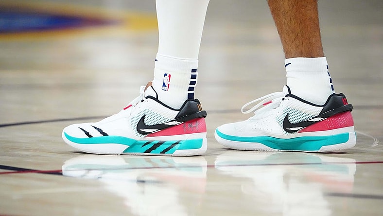 Mar 3, 2023; Denver, Colorado, USA; A detailed view of the shoes worn by Memphis Grizzlies guard Ja Morant (12) during the second half against the Denver Nuggets at Ball Arena. Mandatory Credit: Ron Chenoy-USA TODAY Sports